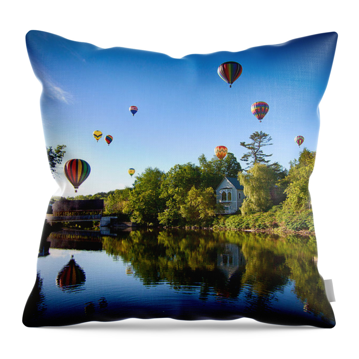 Quechee Covered Bridge Throw Pillow featuring the photograph Hot Air balloons in Quechee by Jeff Folger