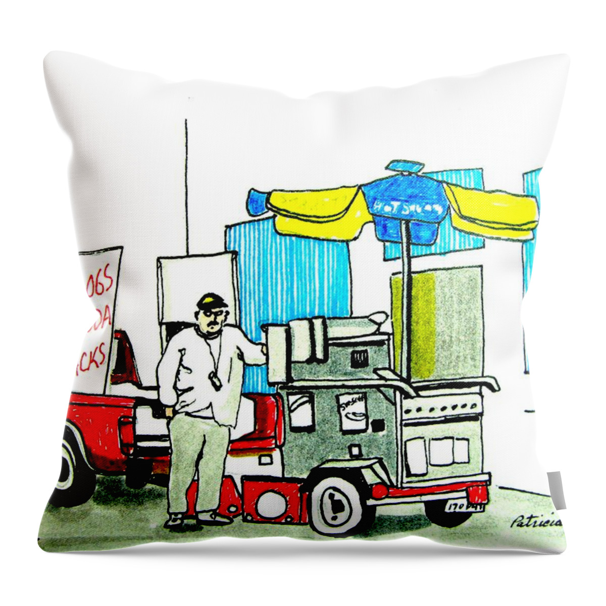 Asbury Art Throw Pillow featuring the drawing Hot Dog Guy of Asbury Park by Patricia Arroyo