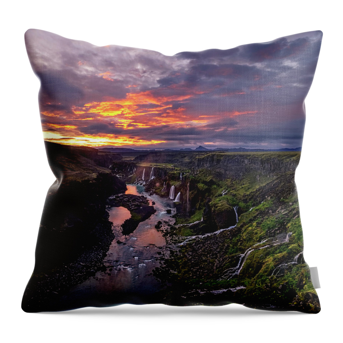 Iceland Throw Pillow featuring the photograph Sunrise explodes at Hrauneyjafoss by Usha Peddamatham