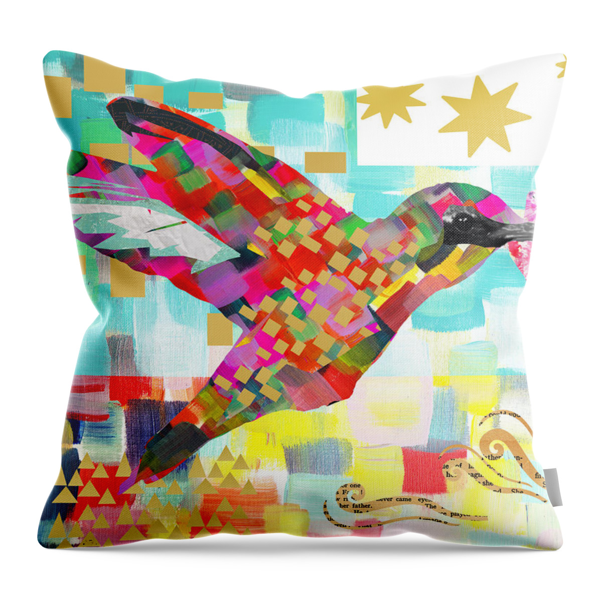 Humming Bird Collage Throw Pillow featuring the mixed media Humming Bird by Claudia Schoen