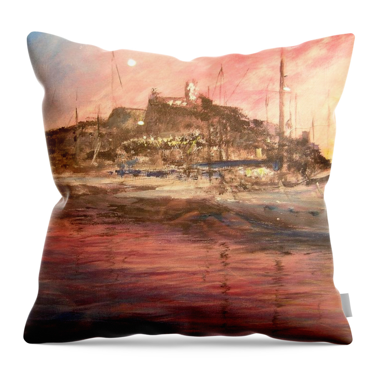 Yachts Throw Pillow featuring the painting Ibiza Old Town At Sunset by Lizzy Forrester