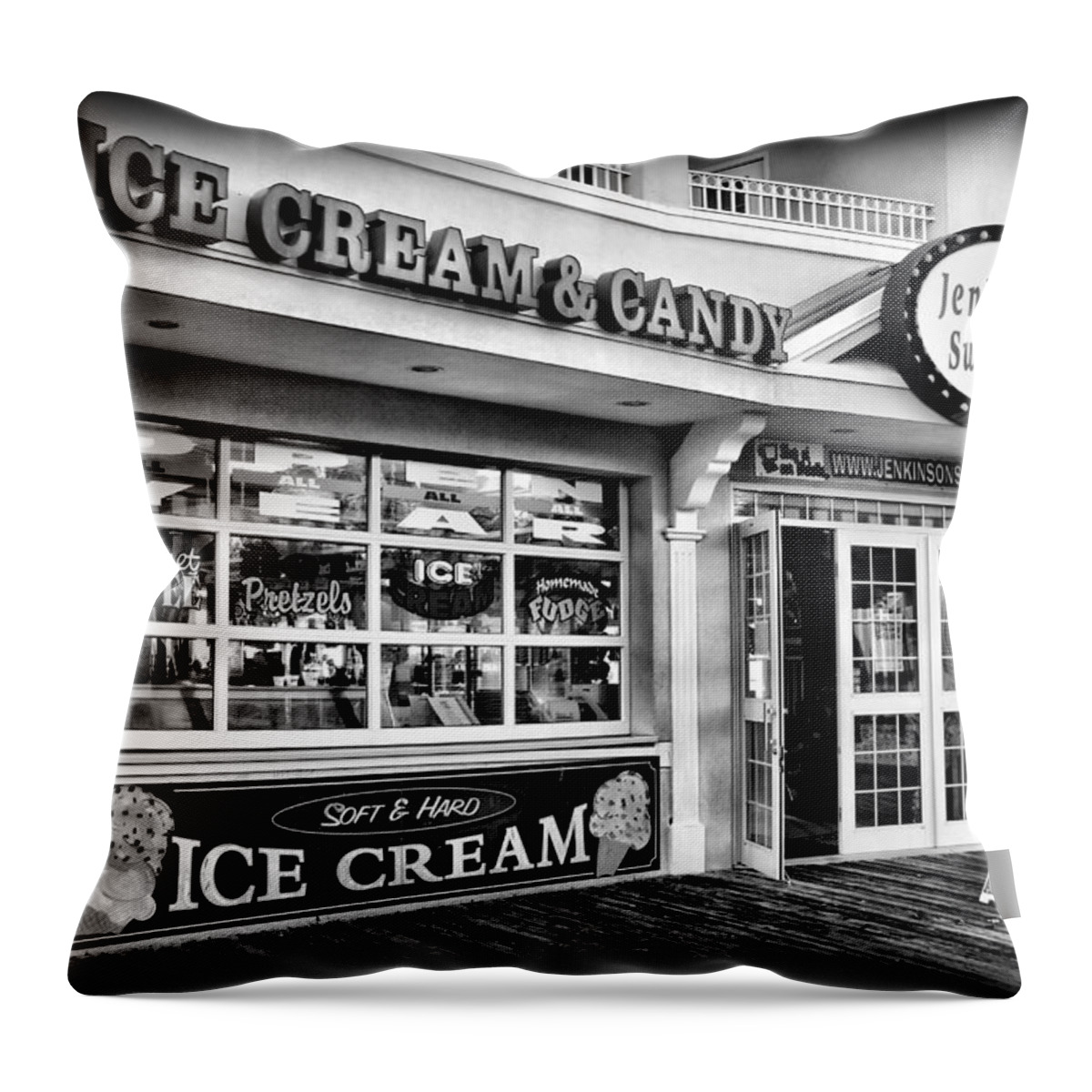 Jersey Shore Throw Pillow featuring the photograph Ice Cream and Candy Shop at The Boardwalk - Jersey Shore by Angie Tirado