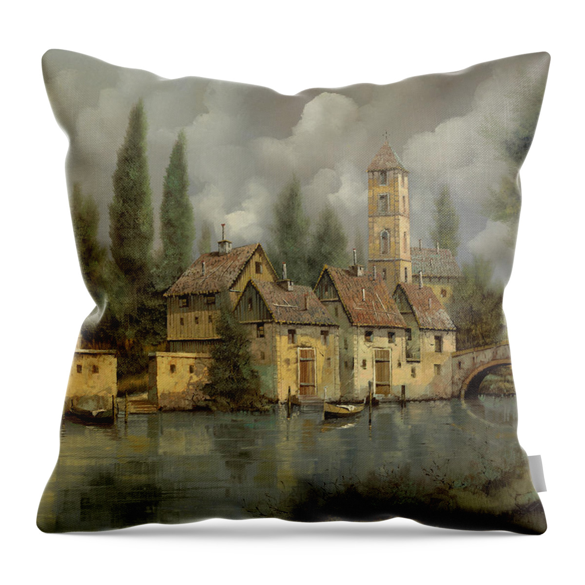 River Throw Pillow featuring the painting Il Borgo Sul Fiume by Guido Borelli