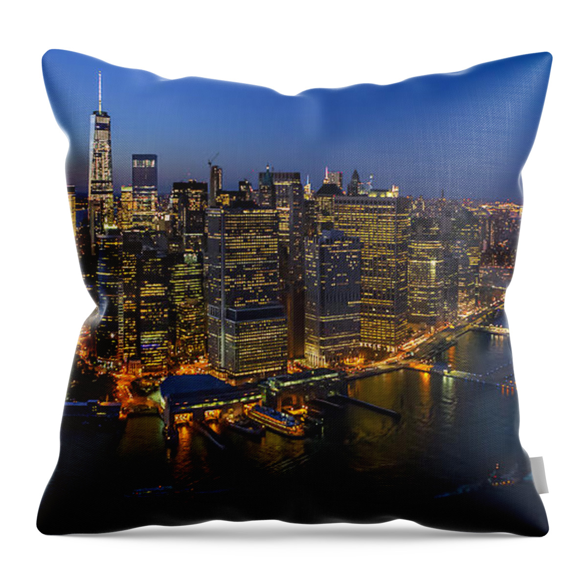 Aerial View Throw Pillow featuring the photograph Illuminated Lower Manhattan NYC by Susan Candelario