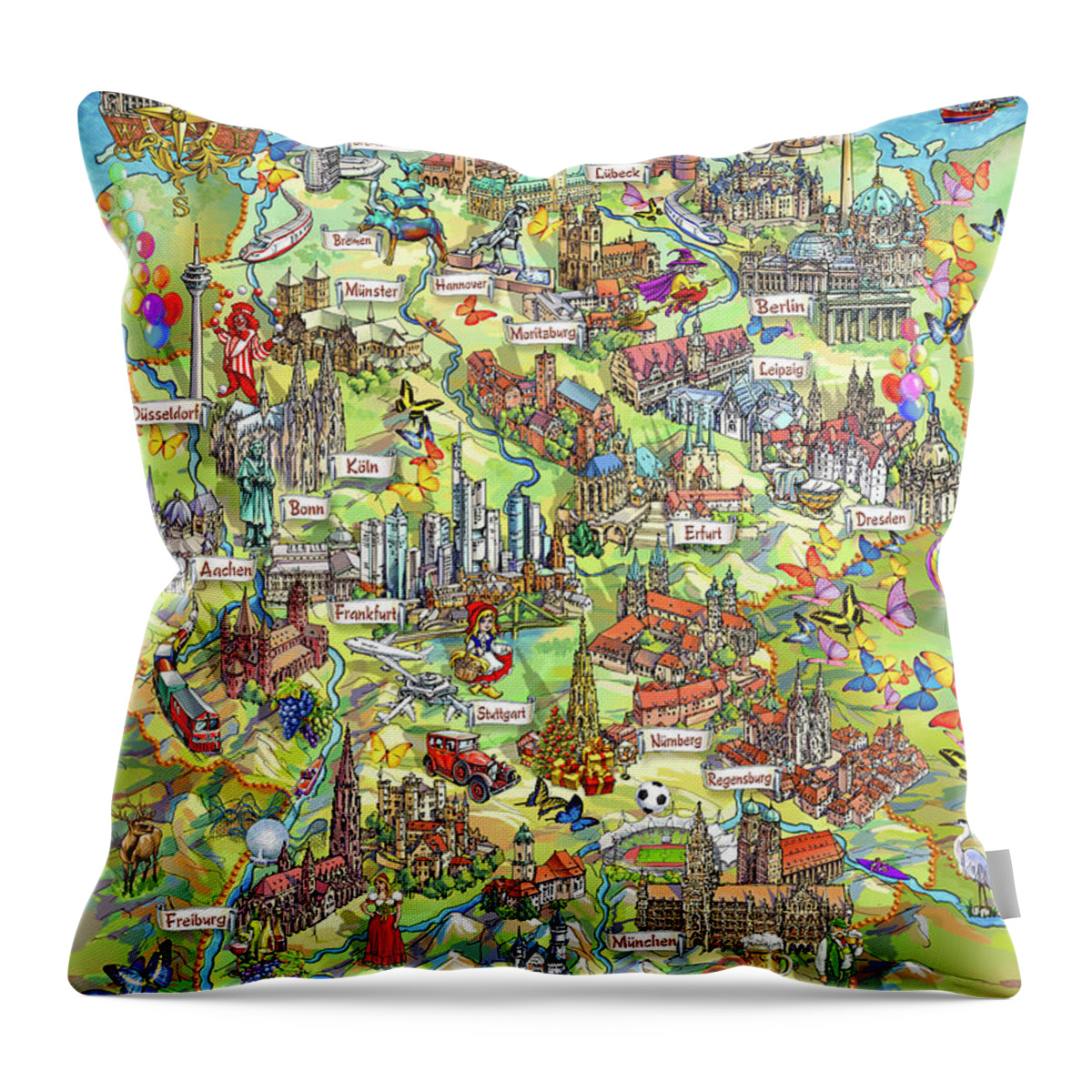 Germany Map Throw Pillow featuring the painting Illustrated Map of Germany by Maria Rabinky