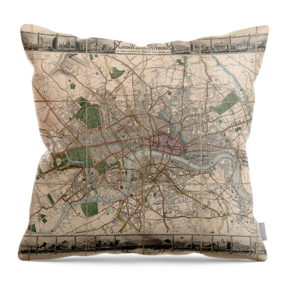 Illustrated Plan Of London Throw Pillow featuring the drawing Illustrated Plan of London and its Environs - Map of London - Historic Map - Antique Map of London by Studio Grafiikka