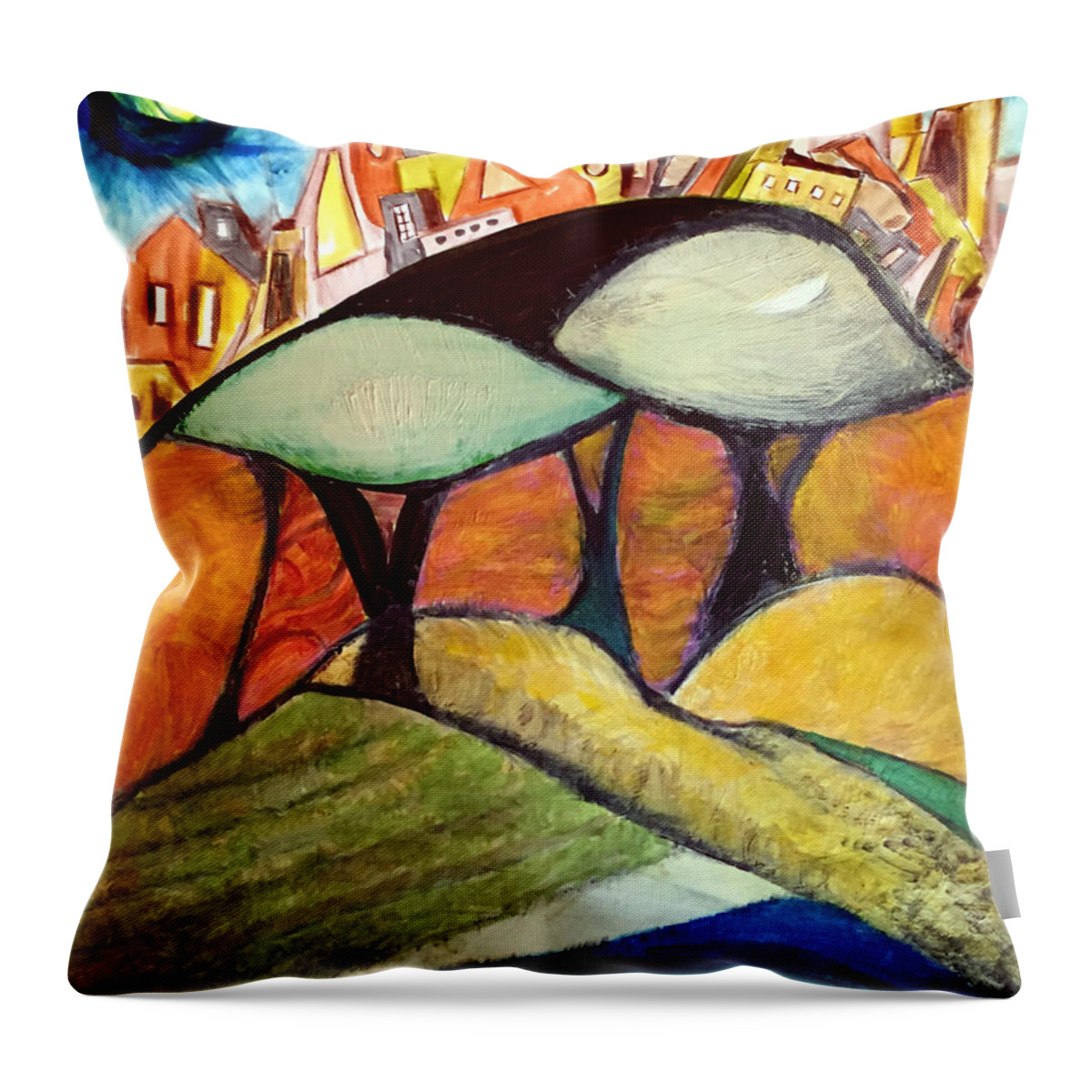 Impressionist Throw Pillow featuring the painting Imaginary Roadside Mushroom Trees by Dennis Ellman