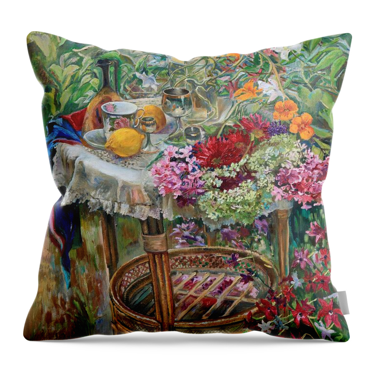 Maya Gusarina Throw Pillow featuring the painting In the Garden by Maya Gusarina