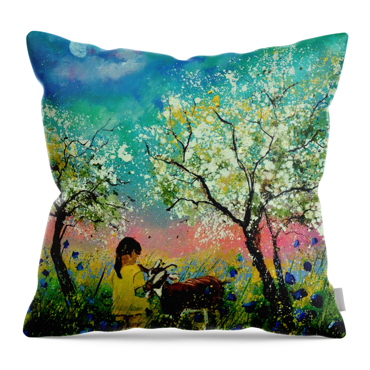 Landscape Throw Pillow featuring the painting In the orchard by Pol Ledent