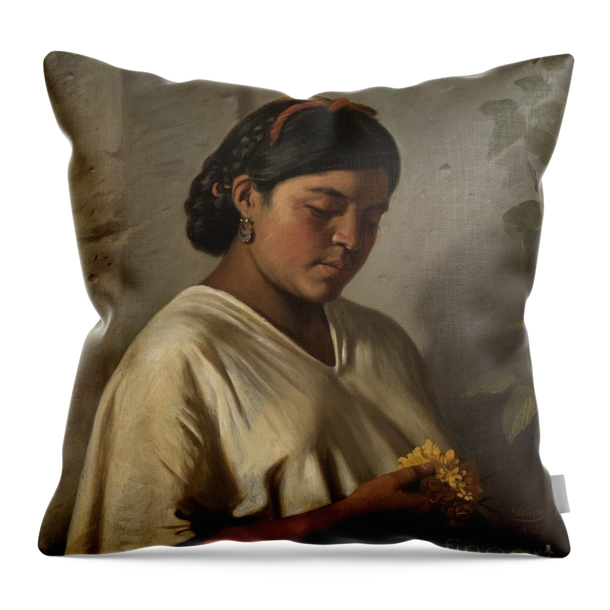Indian Woman With Marigold (mujer Ind�gena Con Cempas�chil) Felipe Santiago Guti�rrez (mexico Throw Pillow featuring the painting Indian Woman with Marigold by MotionAge Designs