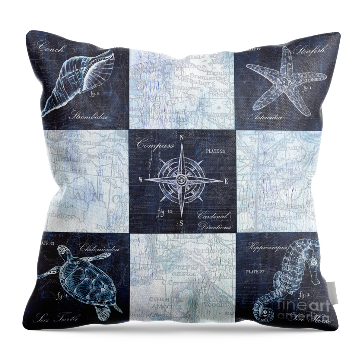 Seahorse Throw Pillow featuring the painting Indigo Nautical Collage by Debbie DeWitt