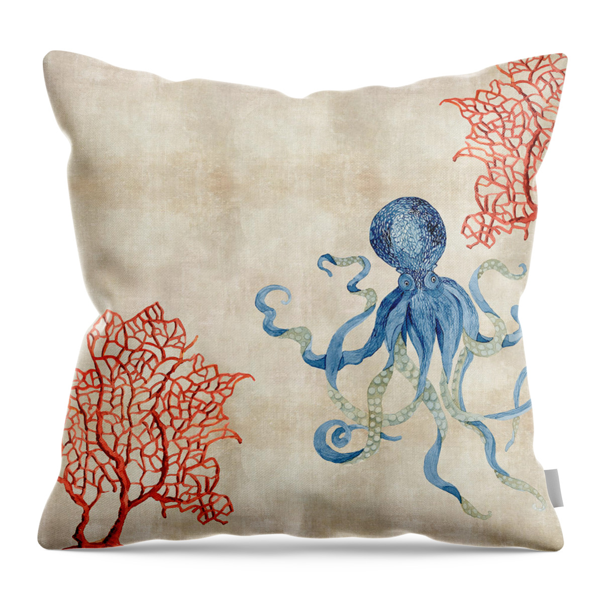 Octopus Throw Pillow featuring the painting Indigo Ocean - Octopus Floating Amid Red Fan Coral by Audrey Jeanne Roberts