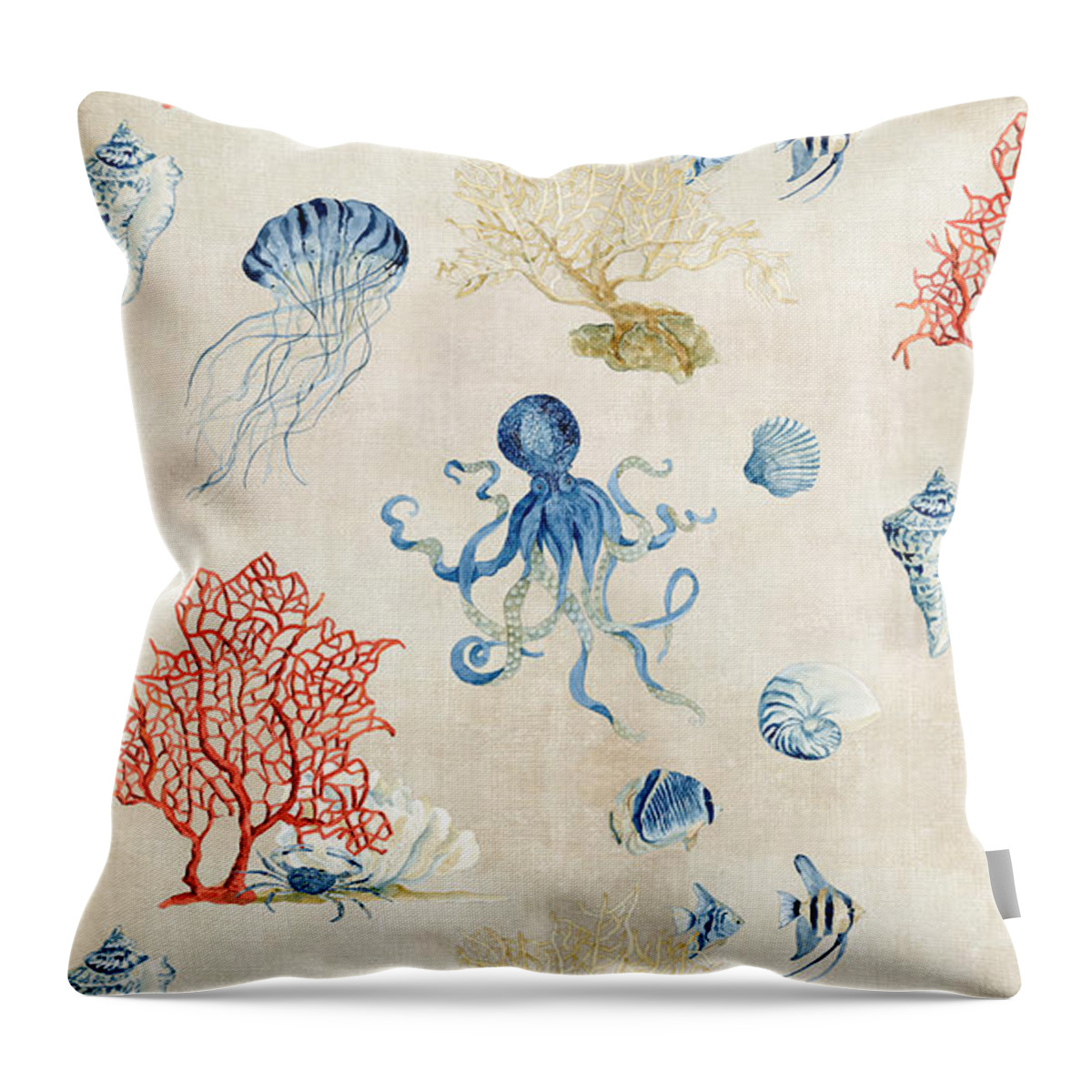 Indigo Ocean Red Coral Octopus Half Drop Pattern Throw Pillow