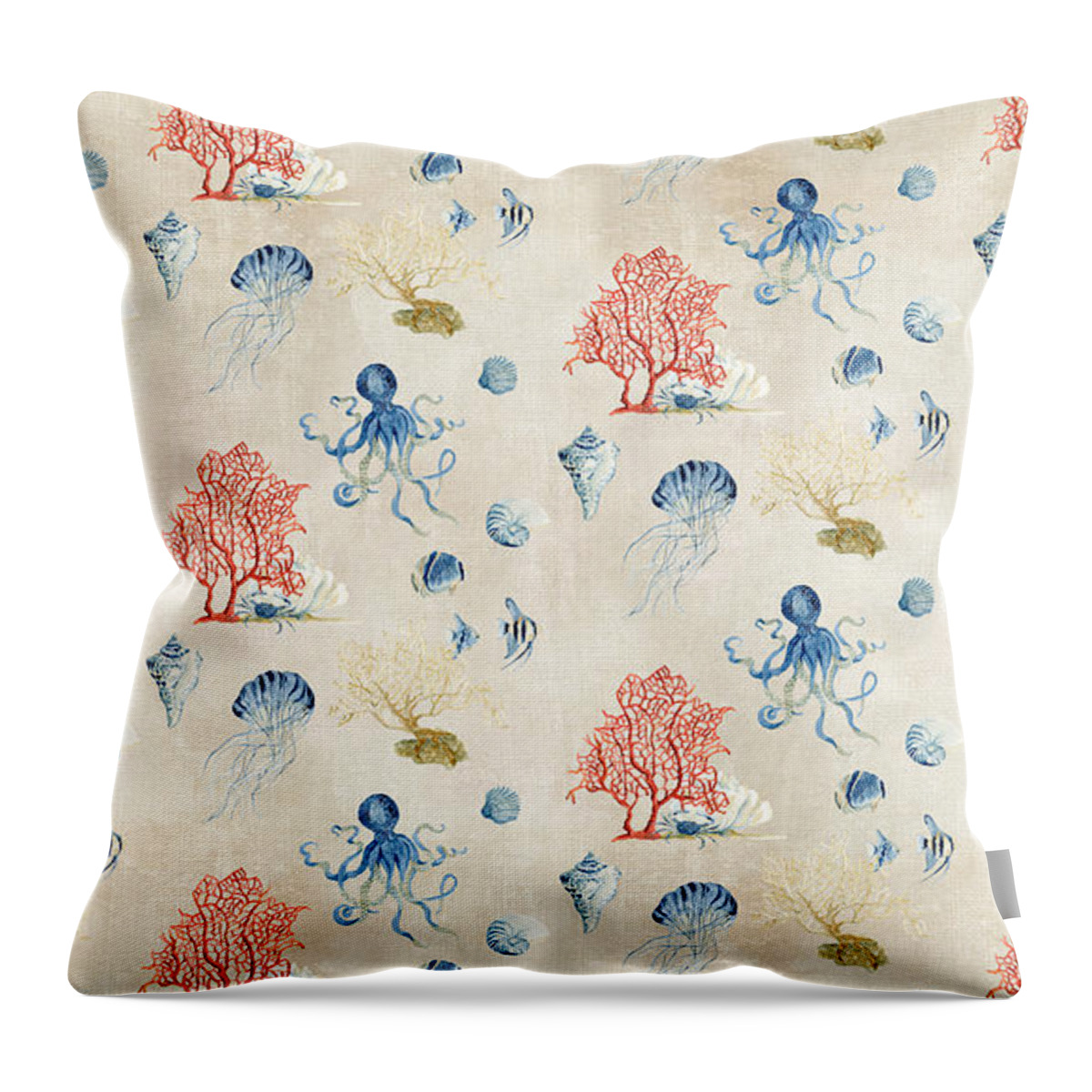 Octopus Throw Pillow featuring the painting Indigo Ocean - Red Coral Octopus Half Drop Pattern Small by Audrey Jeanne Roberts