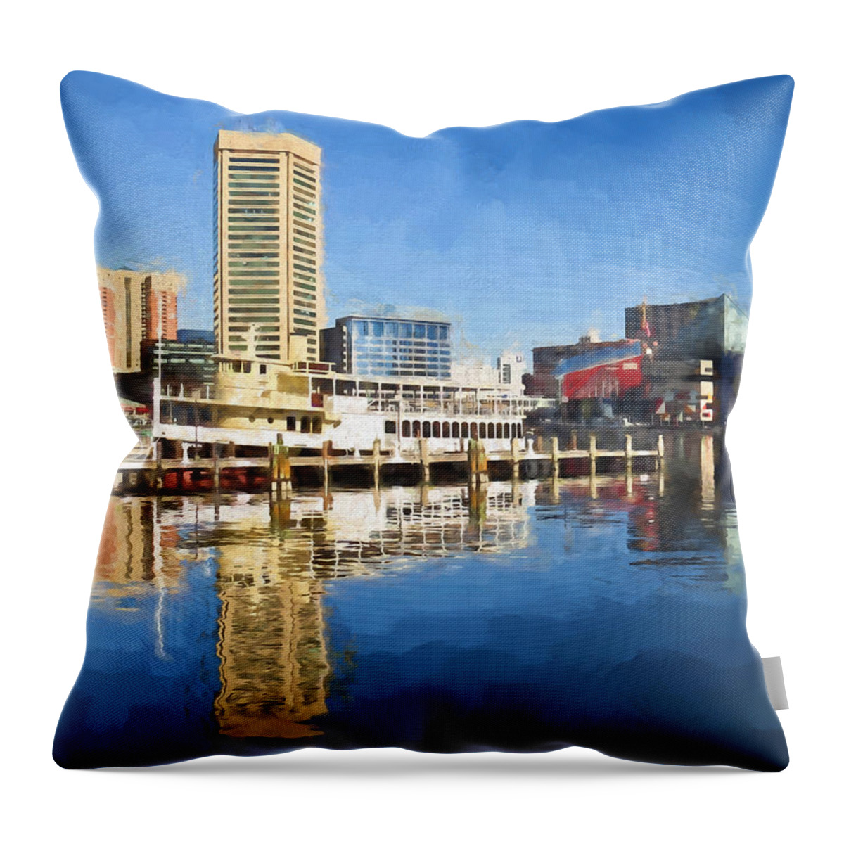 Baltimore Inner Harbor Throw Pillow featuring the painting Inner Harbor Reflections by Kerri Farley