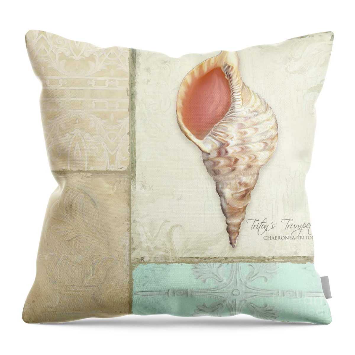 Tritons Trumpet Throw Pillow featuring the painting Inspired Coast Collage - Triton's Trumpet Shell w Vintage Tile by Audrey Jeanne Roberts