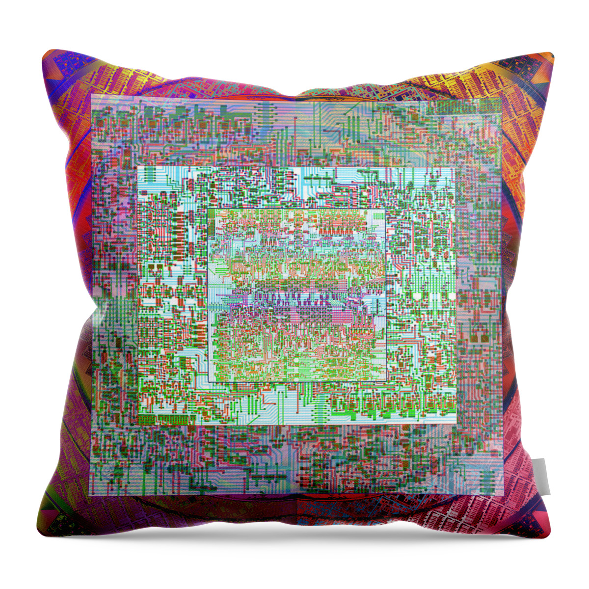 Intel Cpu Throw Pillow featuring the digital art Intel 4004 CPU Silicon Wafer computer Chip Integrated Circuit Mask Abstract, Composition 1 by Kathy Anselmo