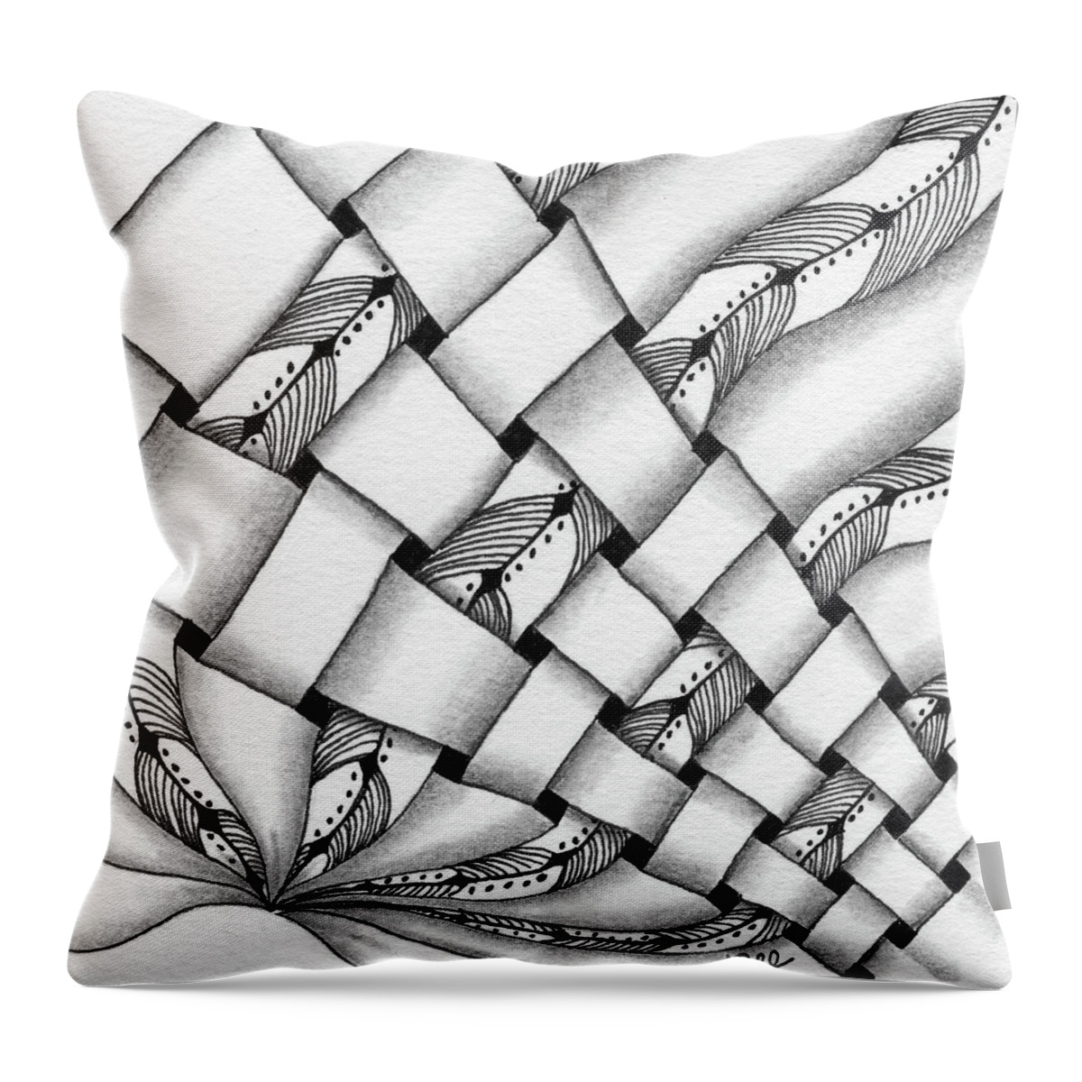 Zentangle Throw Pillow featuring the drawing Interwoven by Jan Steinle