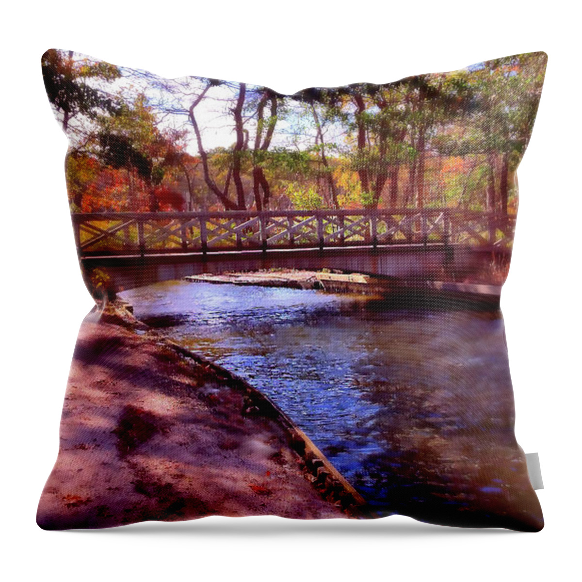 Autumn Throw Pillow featuring the mixed media Island Bridge in Autumn by Stacie Siemsen