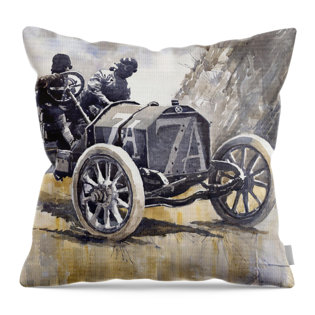 Watercolour Throw Pillow featuring the painting Isotta Fraschini 50HP 1908 Targa Florio by Yuriy Shevchuk
