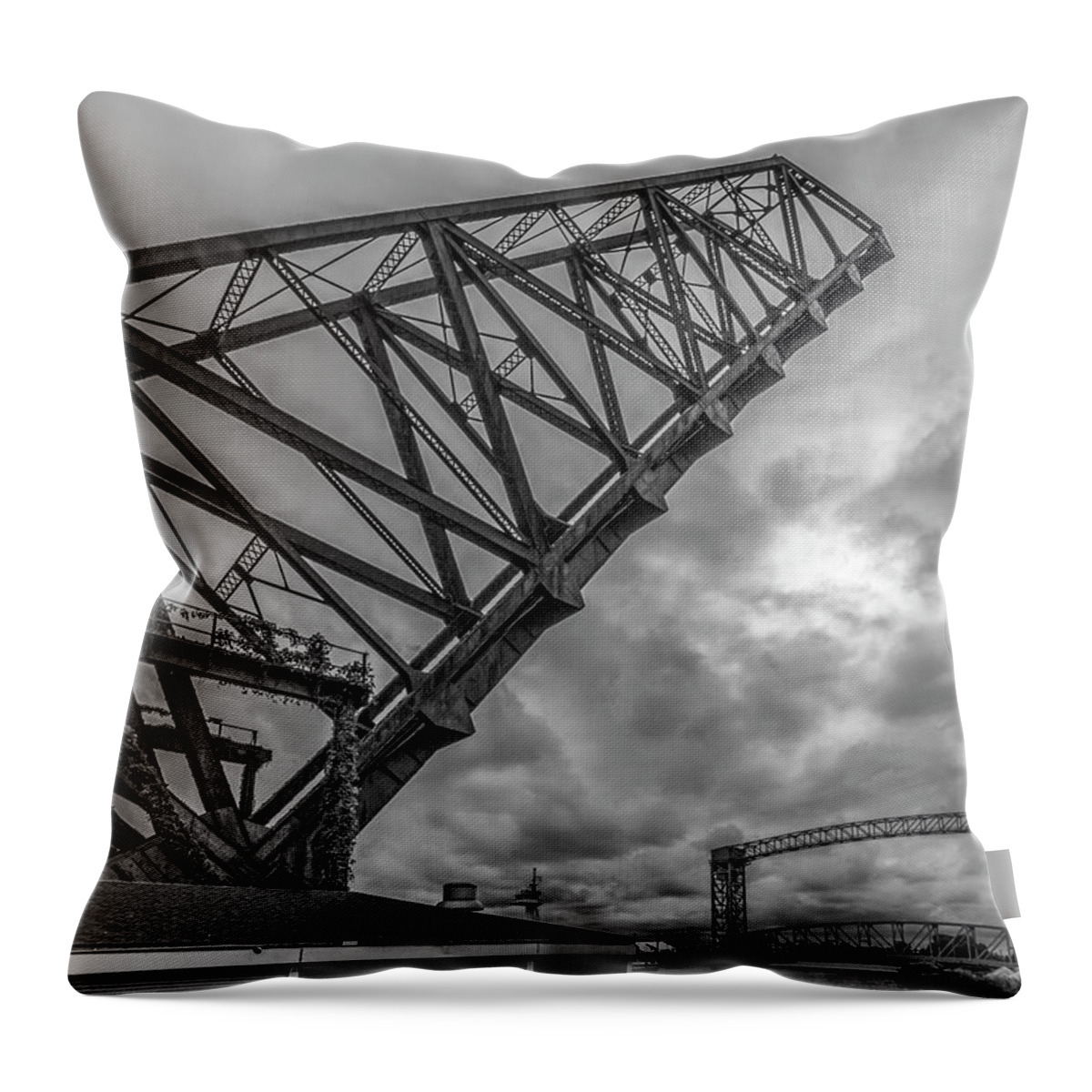 Cleveland Throw Pillow featuring the photograph Jackknife Bridge to the Clouds B and W by Lon Dittrick