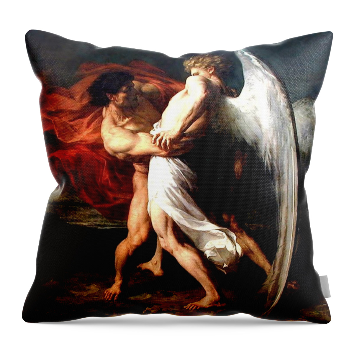 Jacob Wrestling With The Angel Throw Pillow featuring the painting Jacob Wrestling with the Angel by Alexander Louis Leloir