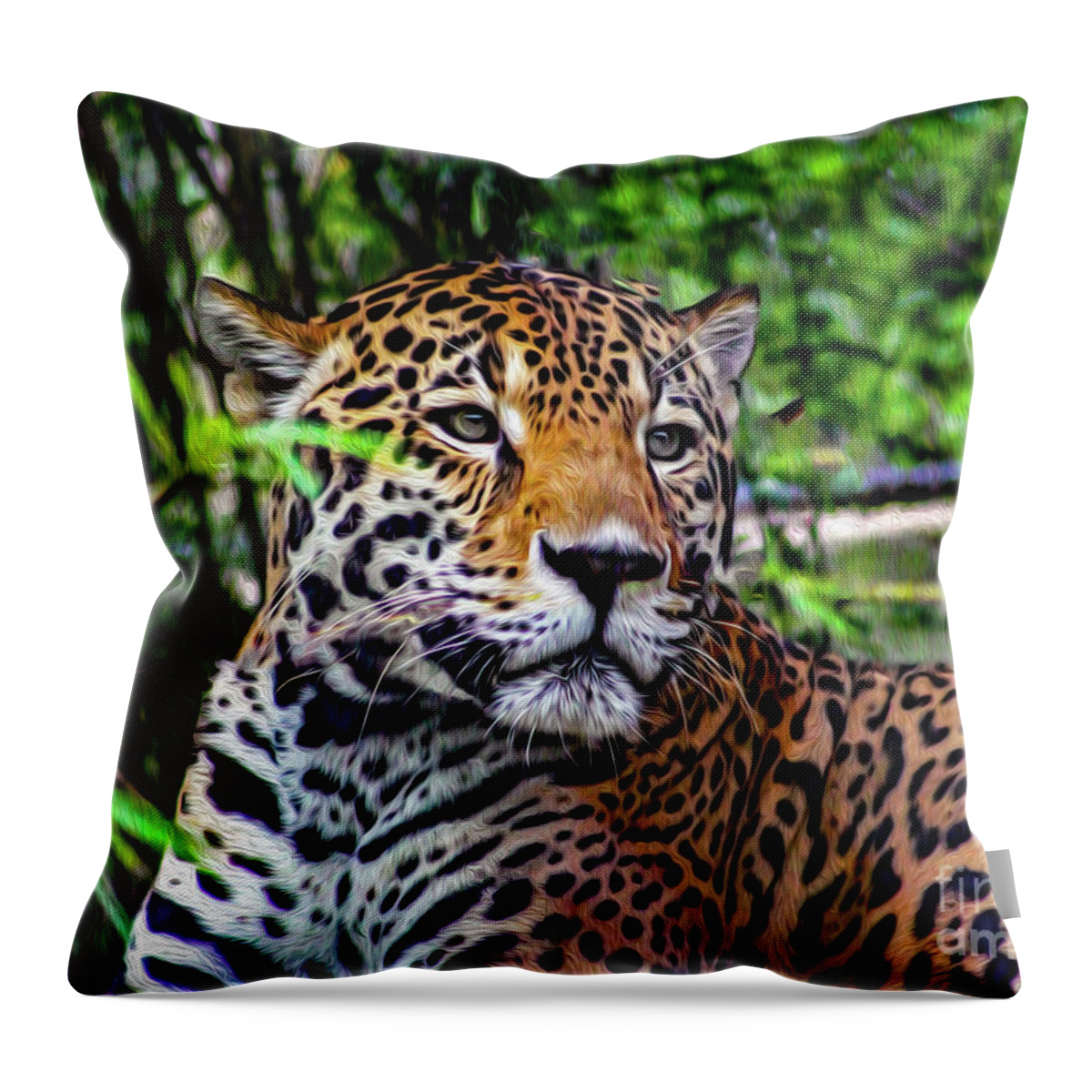 Jaguars Throw Pillow featuring the mixed media Jaguar at Peace by DB Hayes