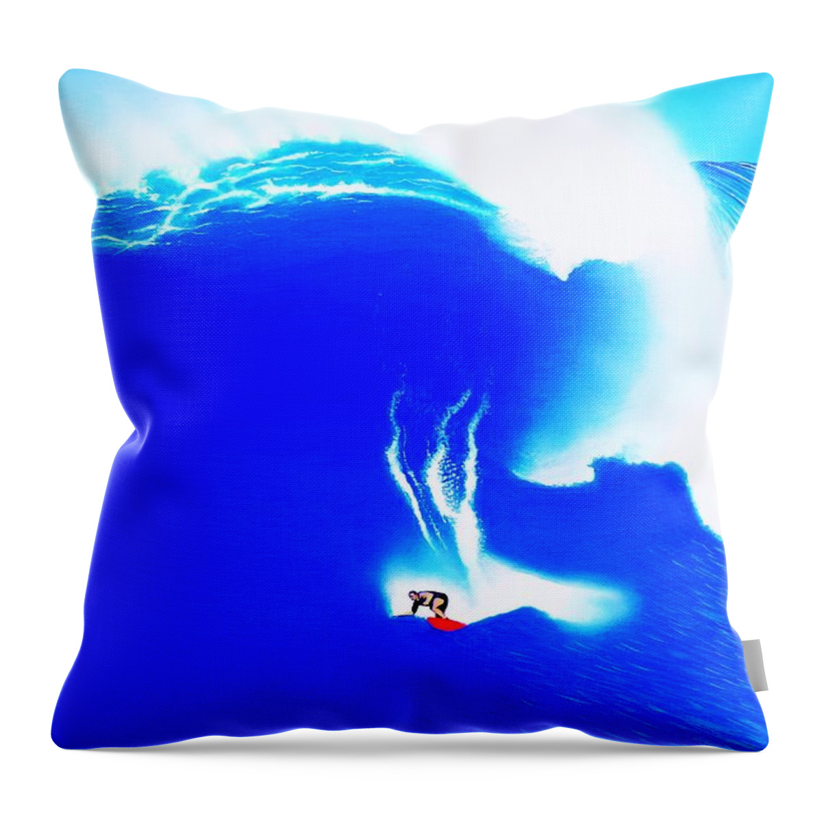 Surfing Throw Pillow featuring the painting Jaws 1998 by John Kaelin