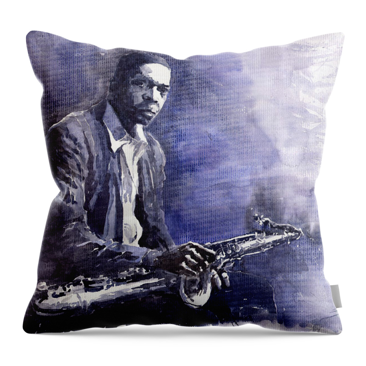 Figurative Throw Pillow featuring the painting Jazz Saxophonist John Coltrane 03 by Yuriy Shevchuk