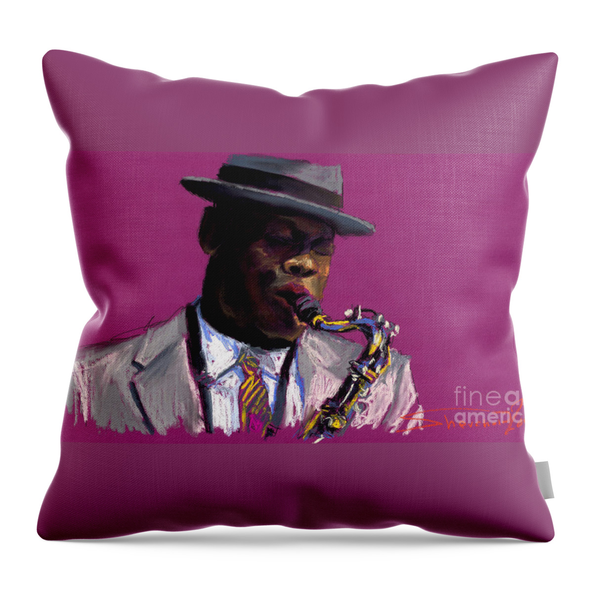 Jazz Throw Pillow featuring the painting Jazz Saxophonist by Yuriy Shevchuk