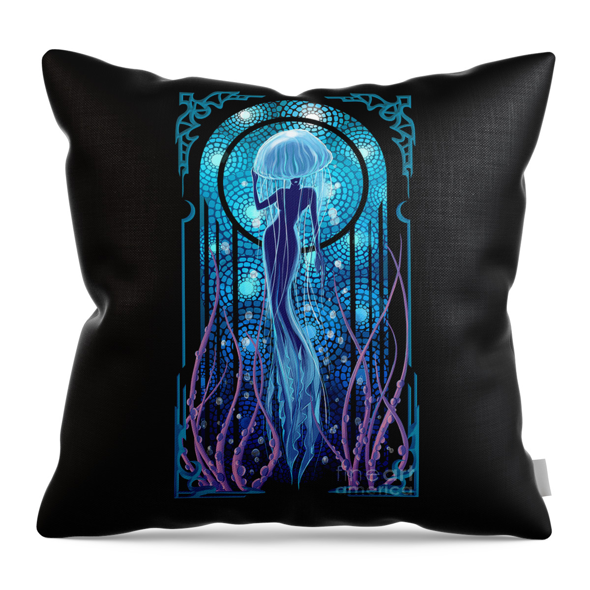 Mermaid Throw Pillow featuring the painting Jellyfish Mermaid by Sassan Filsoof