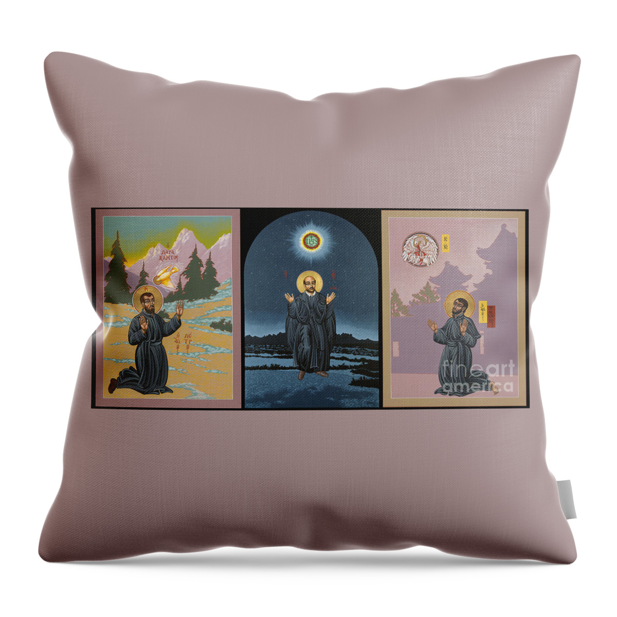 Jesuit Triptych Throw Pillow featuring the painting Jesuit Triptych-St Peter Faber-St Ignatius-St Francis Xavier by William Hart McNichols