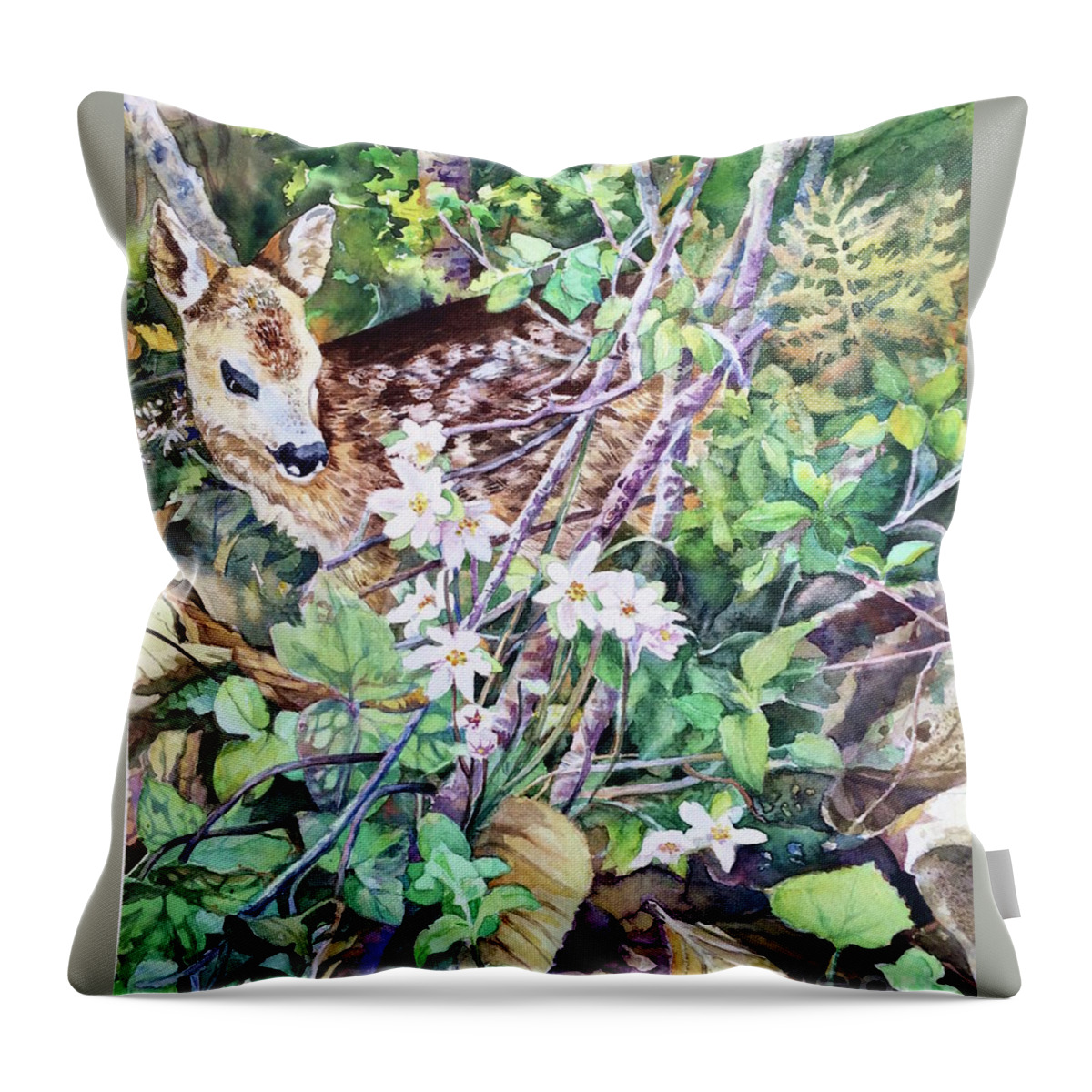 Watercolor Throw Pillow featuring the painting Fawn in The Garden by Francoise Chauray
