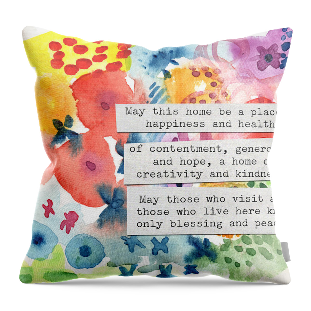 Home Blessing Throw Pillow featuring the painting Jewish Home Blessing- Floral Watercolor by Linda Woods