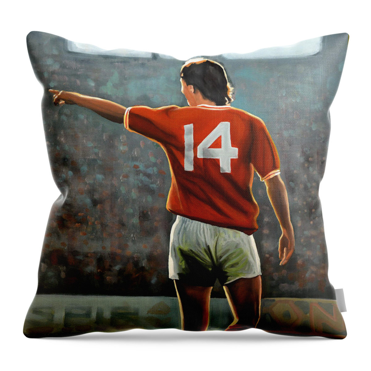 Johan Cruijff Throw Pillow featuring the painting Johan Cruyff Oranje nr 14 by Paul Meijering