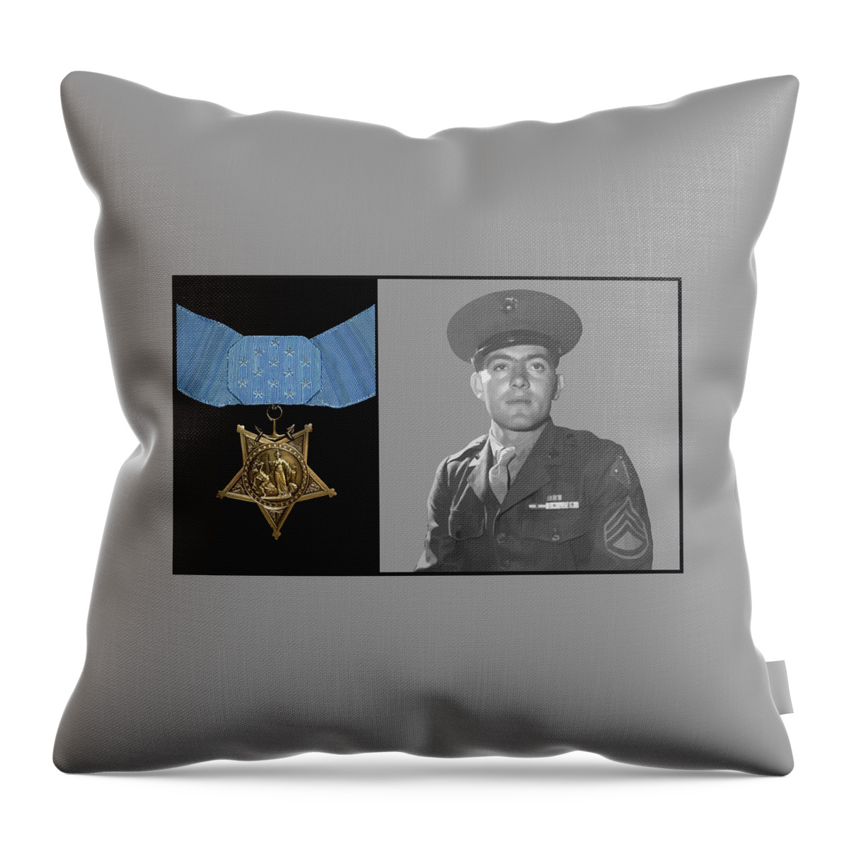 Medal Of Honor Throw Pillow featuring the painting John Basilone and The Medal of Honor by War Is Hell Store