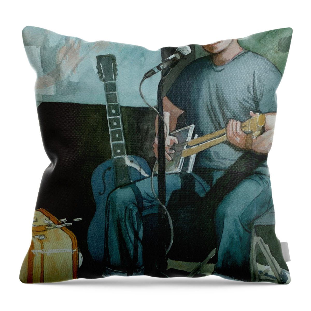 Musician Throw Pillow featuring the painting Jon Short-Have Blues will Travel by Lynn Babineau