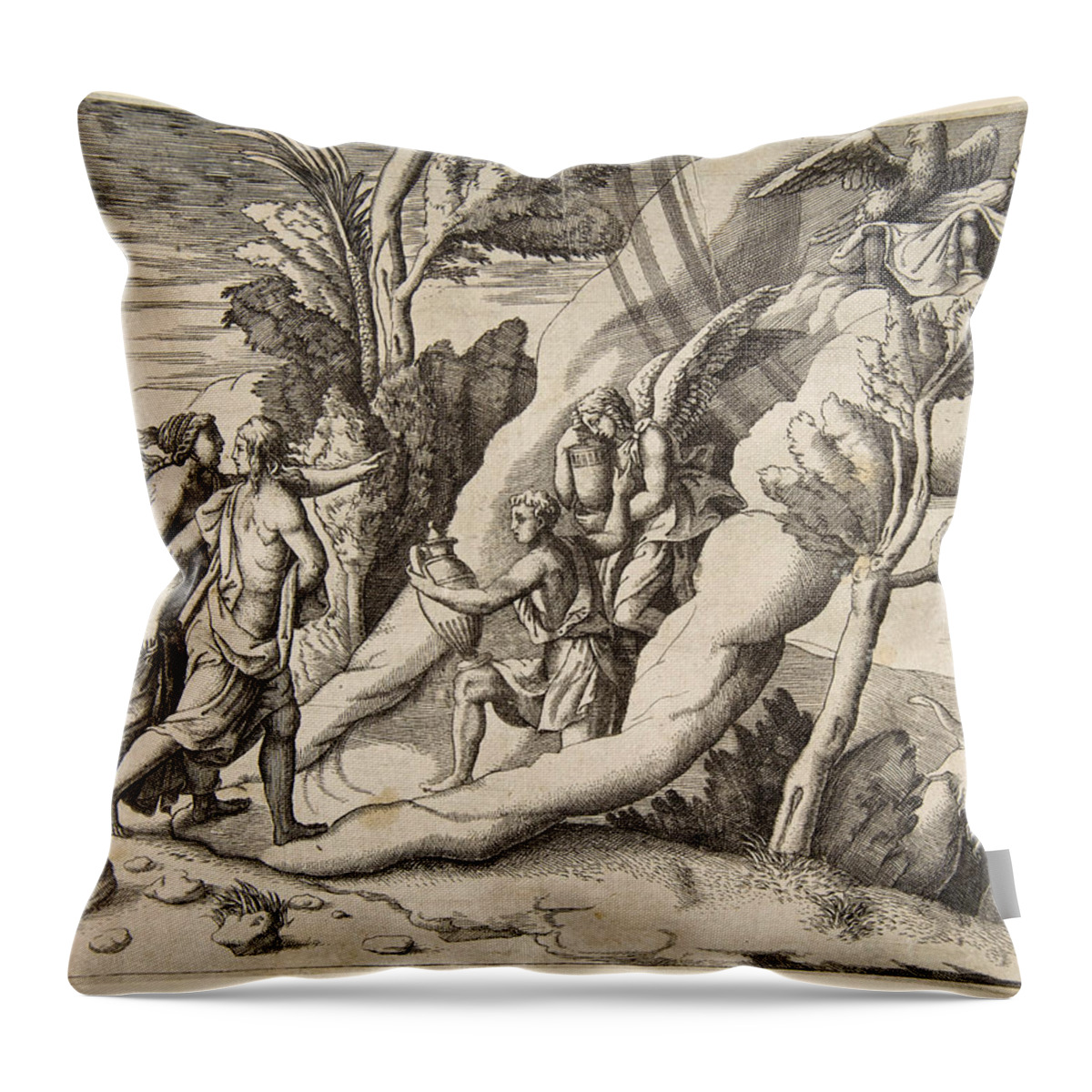 Giulio Bonasone Throw Pillow featuring the drawing Jupiter and Juno being received in the heavens by Ganymede and Hebe by Giulio Bonasone