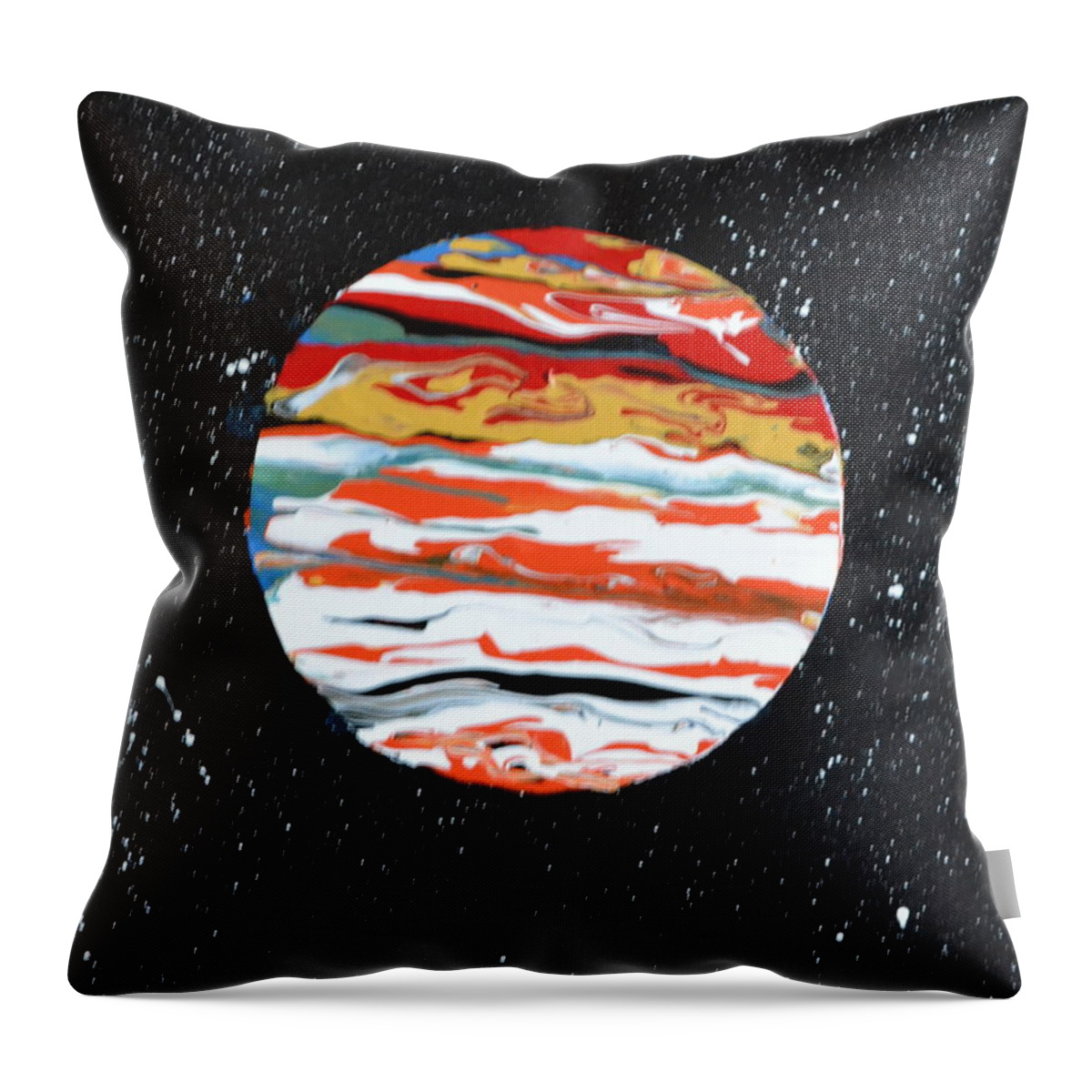 This Is A Abstract Painting Of The Planet Jupiter. The Flow Technique Was Used With Acrylic Colors. The Five Acrylic Colors Used Were Poured In A Circle Area Tilted To Get This Affect. The Distant White Stars Were Also Included In This Painting. Throw Pillow featuring the painting Jupiter by Martin Schmidt