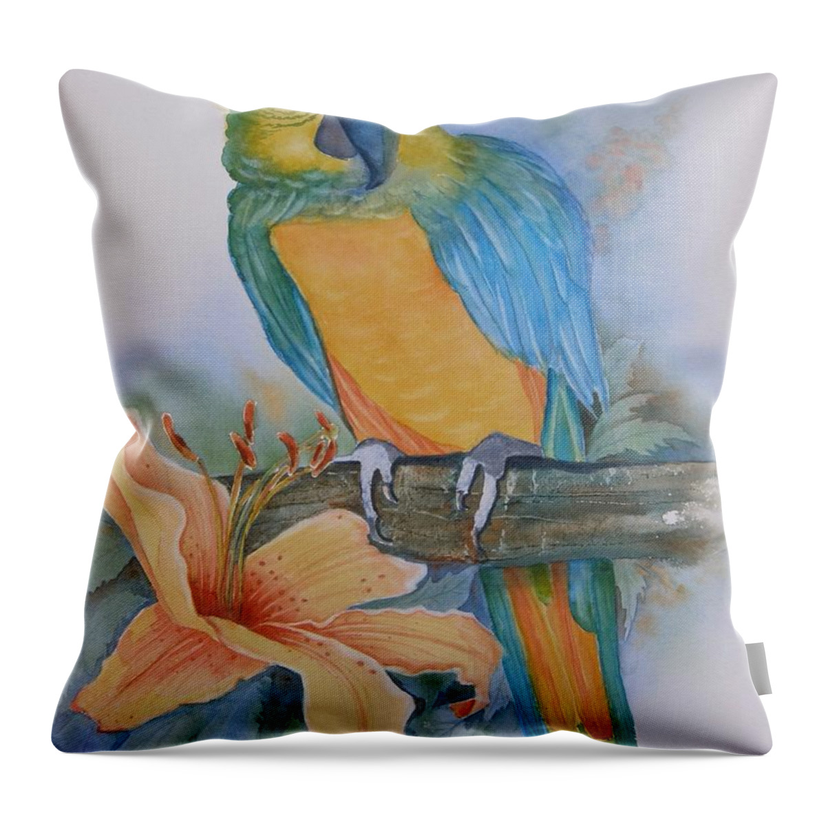 #parrot Throw Pillow featuring the painting Just Peachy by Midge Pippel