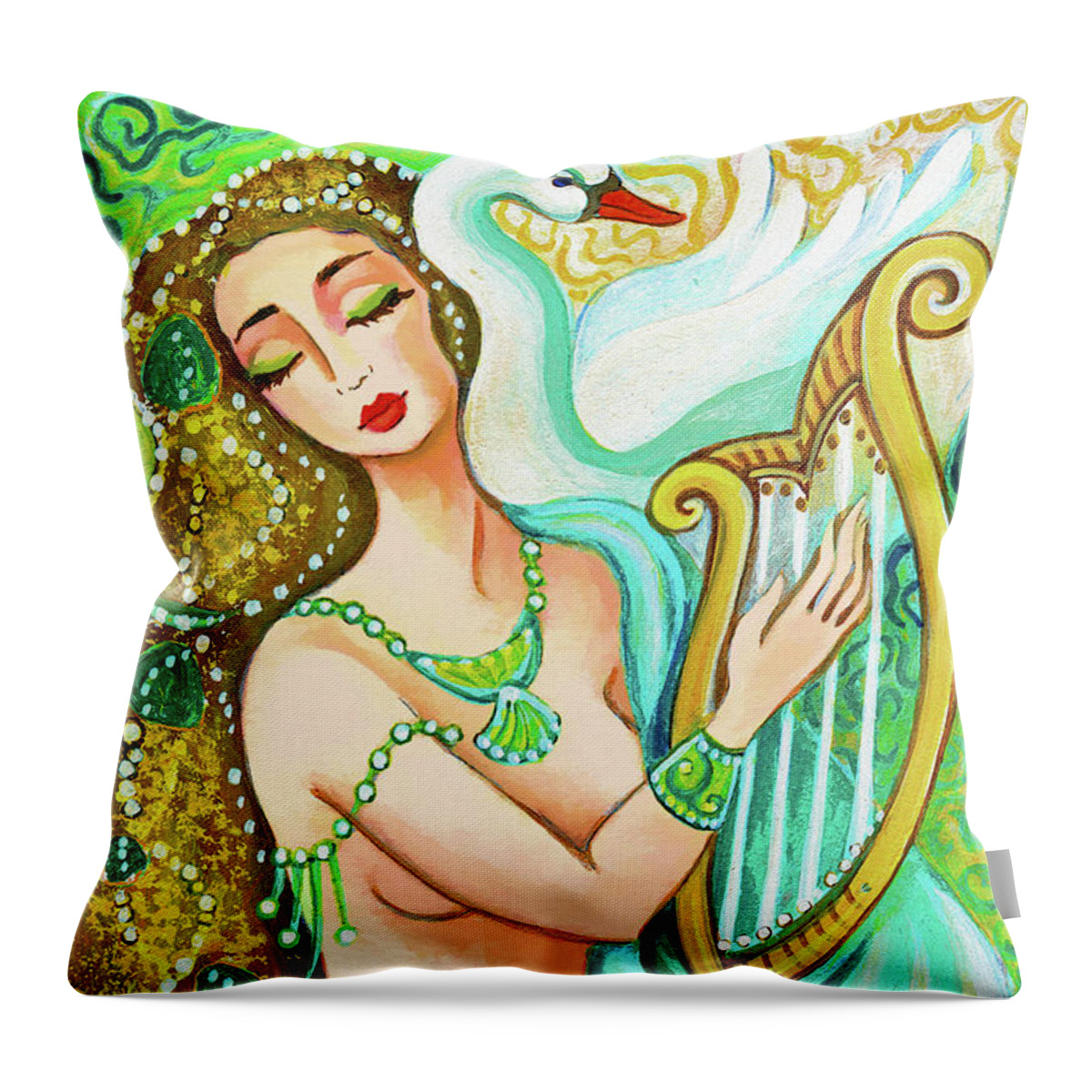 Sea Goddess Throw Pillow featuring the painting Kalliope and the god Swan by Eva Campbell
