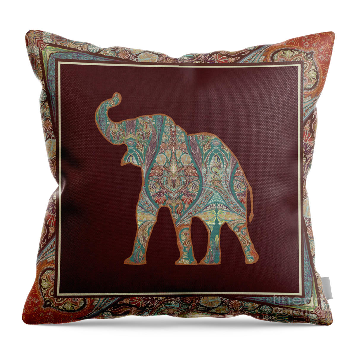 Rust Throw Pillow featuring the painting Kashmir Patterned Elephant 3 - Boho Tribal Home Decor by Audrey Jeanne Roberts