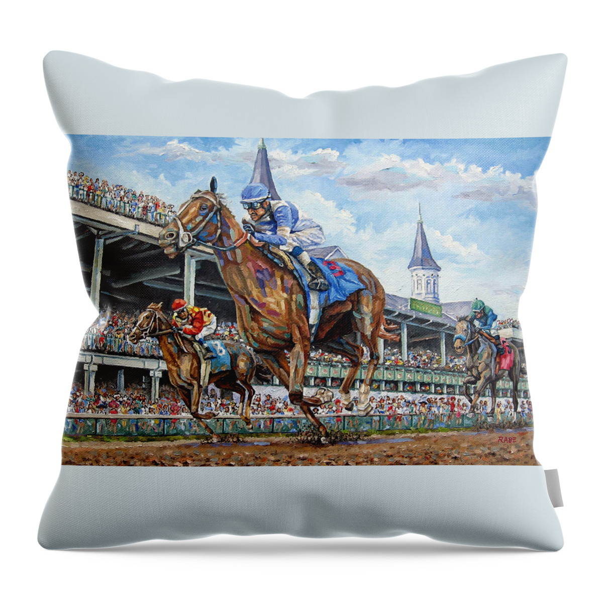 Kentucky Derby Throw Pillow featuring the painting Kentucky Derby - Horse Racing Art by Mike Rabe