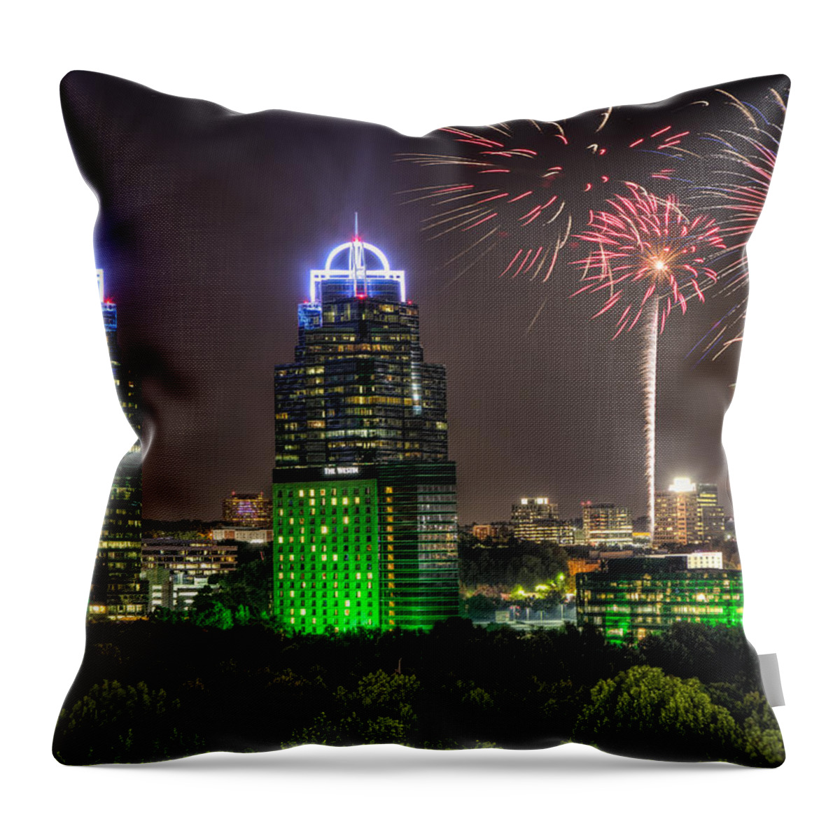 Sandy Springs Throw Pillow featuring the photograph King And Queen Buildings Fireworks by Anna Rumiantseva