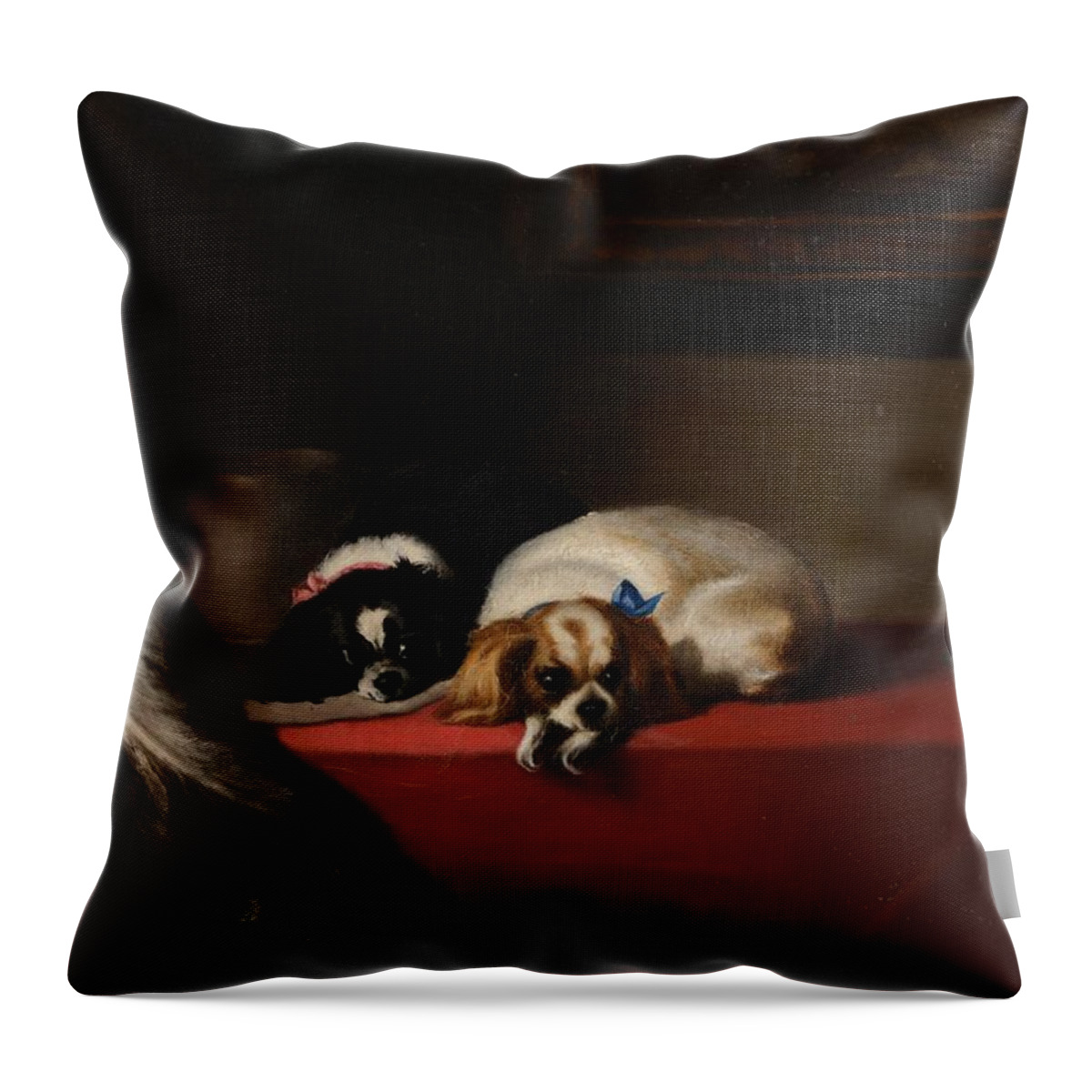 After Sir Edwin Henry Landseer (1802-1873) King Charles Spaniels (�the Cavalier�s Pets�) Home Throw Pillow featuring the painting King Charles Spaniels by Edwin Henry Landseer