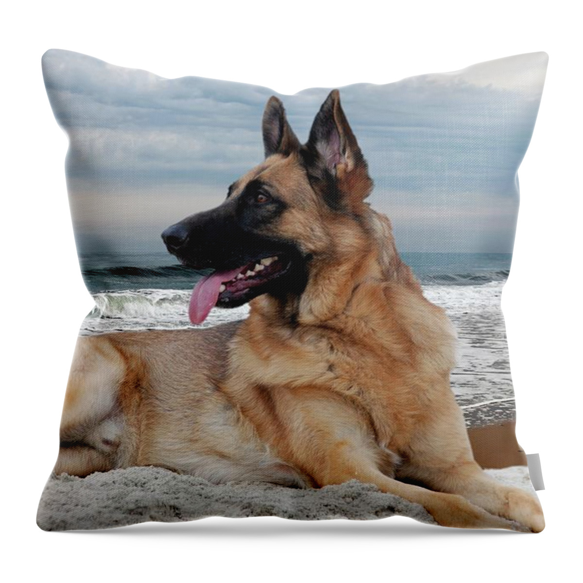 German Shepherd Dogs Throw Pillow featuring the photograph King Of The Beach - German Shepherd Dog by Angie Tirado