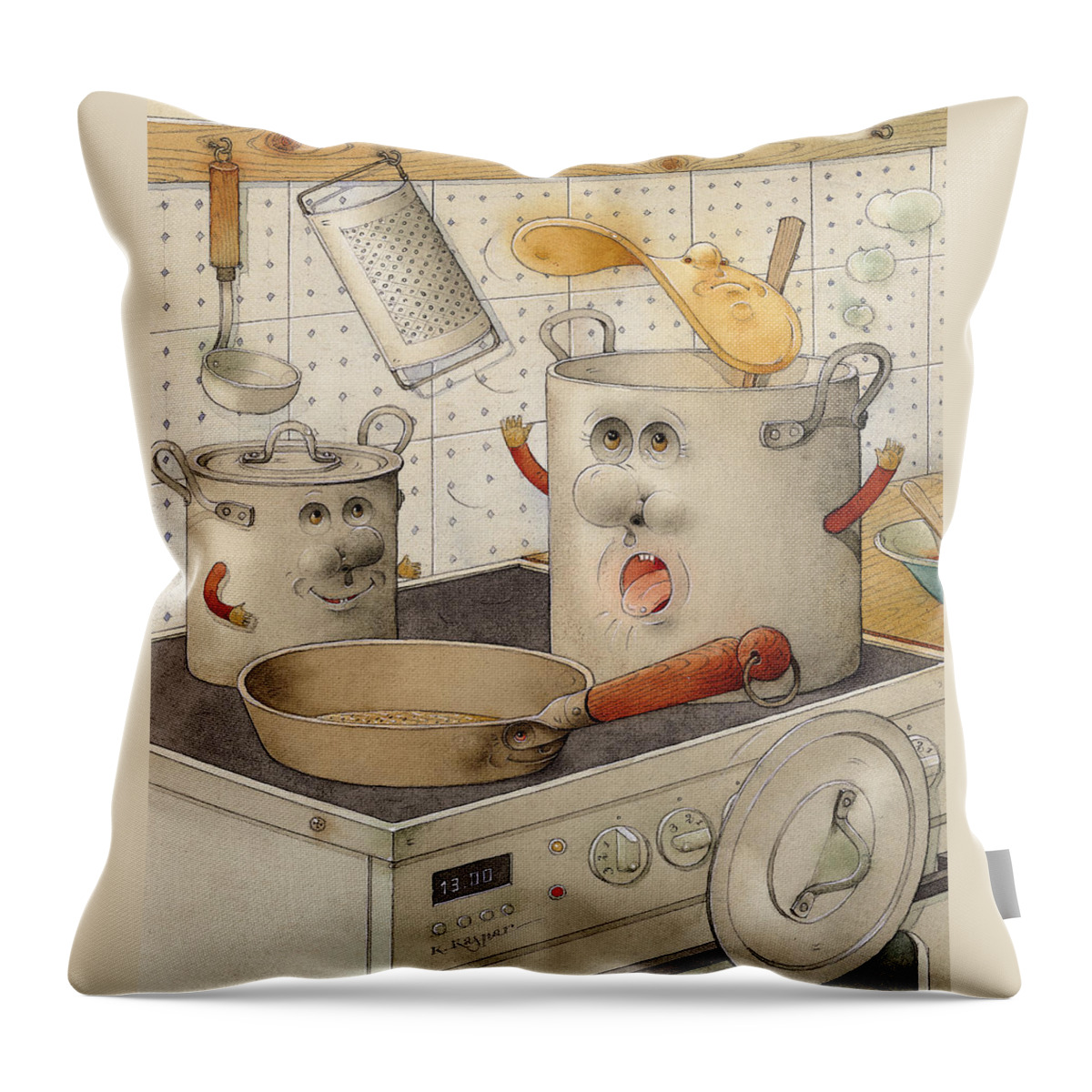 Kitchen Food Accident White Pan Pot Cooker Cooking Throw Pillow featuring the painting Kitchen by Kestutis Kasparavicius