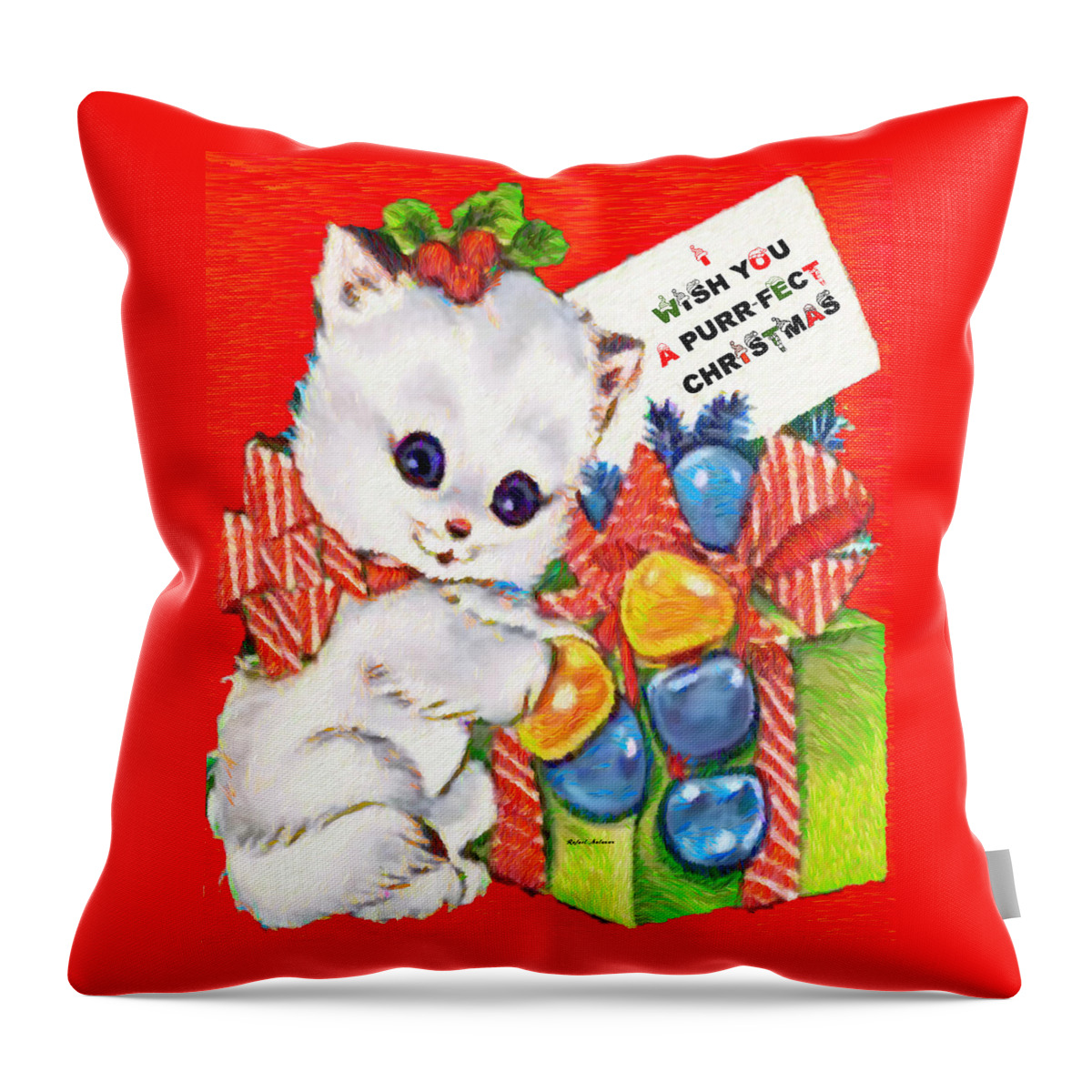 Rafael Salazar Throw Pillow featuring the digital art Kitty at Christmas time by Rafael Salazar