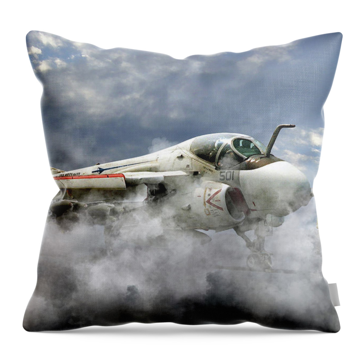 A Grumman A6 Intruder From Va-52 The 'knight Riders Ready For Launch From The Uss Kitty Hawk Throw Pillow featuring the digital art Knight Riders by Airpower Art