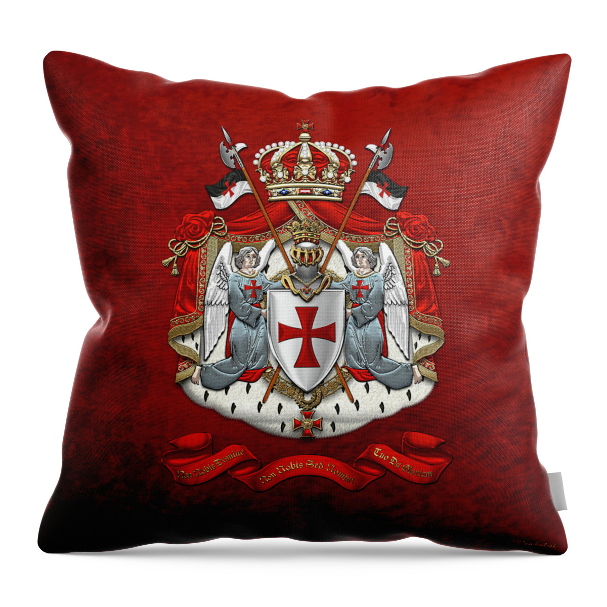 'ancient Brotherhoods' Collection By Serge Averbukh Throw Pillow featuring the digital art Knights Templar - Coat of Arms over Red Velvet by Serge Averbukh
